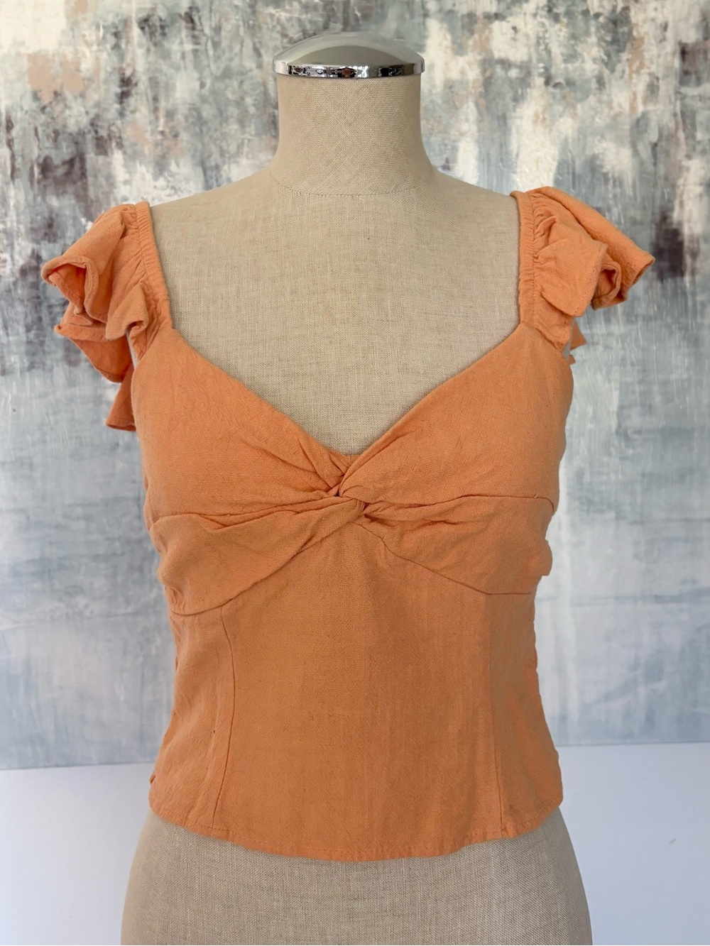 Sienna Sky Linen Twist-Front Ruffle Strap Blouse